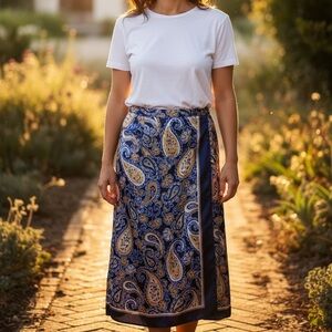 DR2 Maxi Faux Wrap Silky Printed Paisley Satin Wrap Tie Midi Skirt L Blue Tan